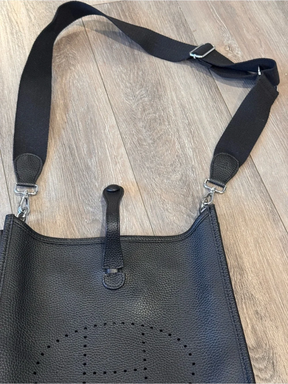 Black Leather Crossbody Bag with Perforated Logo